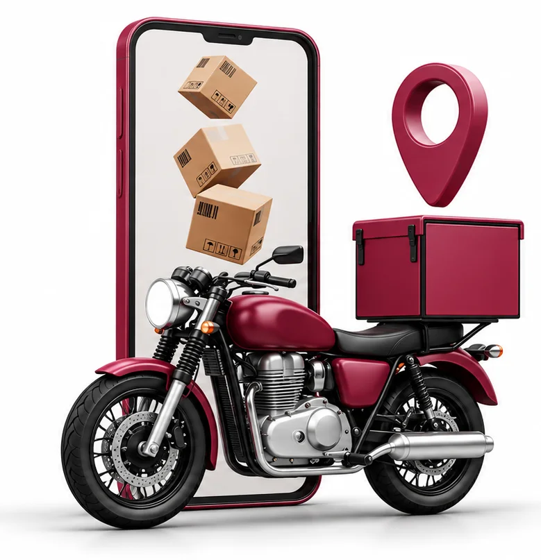 Moto vinho com baú de entrega e caixas saindo da tela de um celular